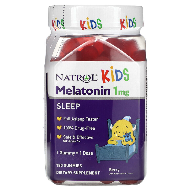 

Natrol, Мелатонин, для детей от 4 лет, ягодный, 1 мг, 180 жевательных таблеток