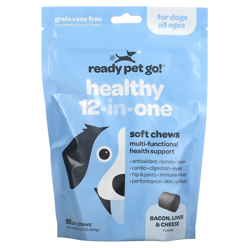 

Ready Pet Go, Жевательные мультивитамины, универсальная поддержка иммунитета для собак, для всех возрастов, курица, сыр и бекон, 90 жевательных таблеток