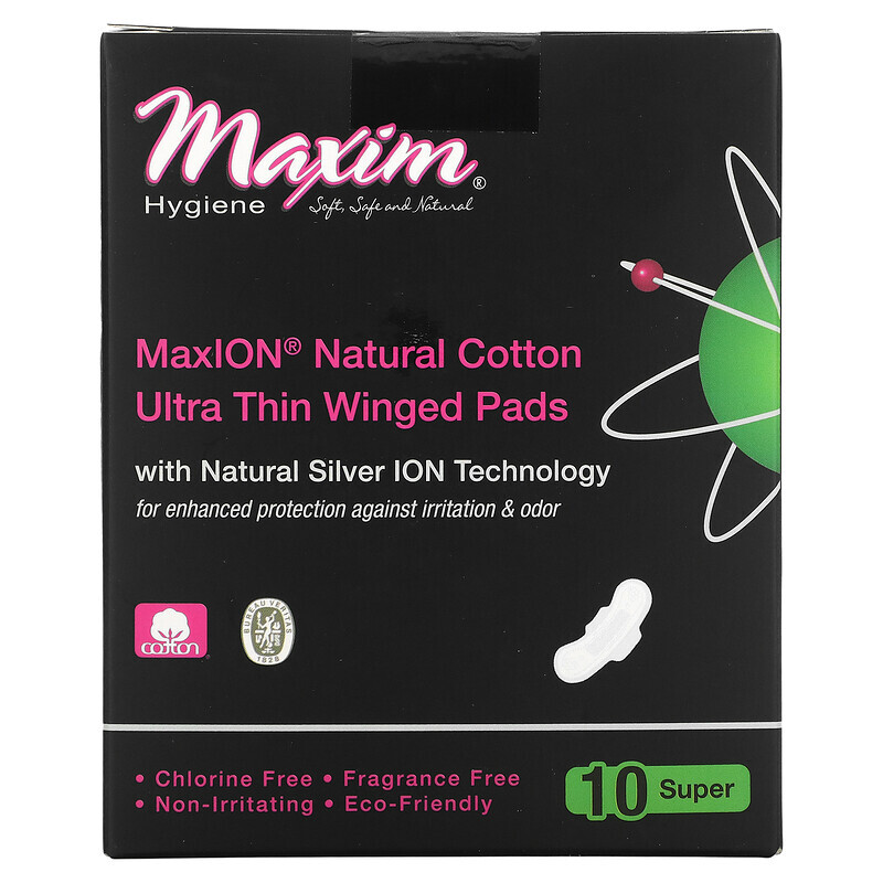 

Maxim Hygiene Products, MaxION, натуральный хлопок, ультратонкие прокладки с крылышками, супер, 10 шт