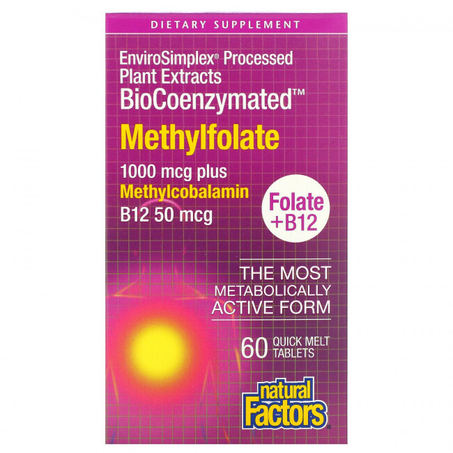 

Natural Factors, BioCoenzymated, метилфолат, 1000 мкг, 60 быстрорастворимых таблеток