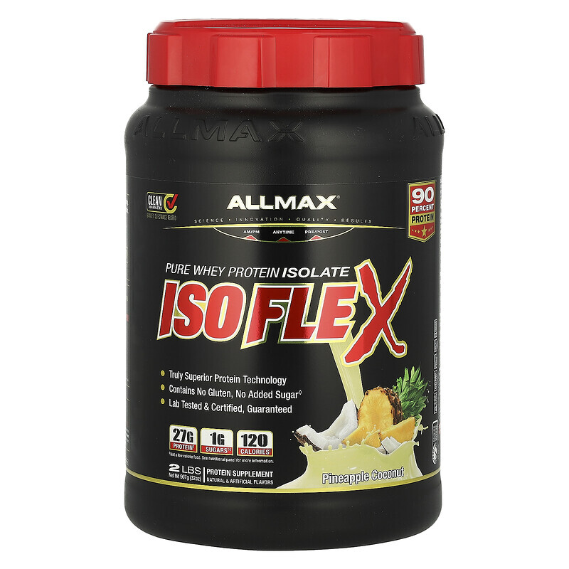 ALLMAX, Isoflex, чистый изолят сывороточного протеина (фильтрация ионно-заряженных частиц WPI), ананас и кокос, 907 г (2 фунта)