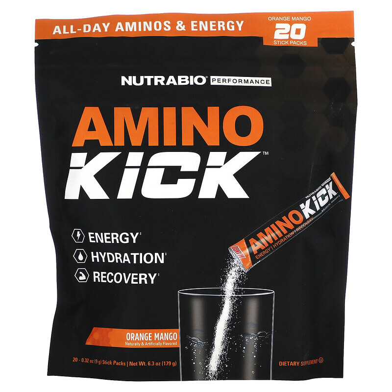 

Nutrabio Labs, Amino Kick, апельсин и манго, 20 пакетиков по 9 г (0,32 унции)