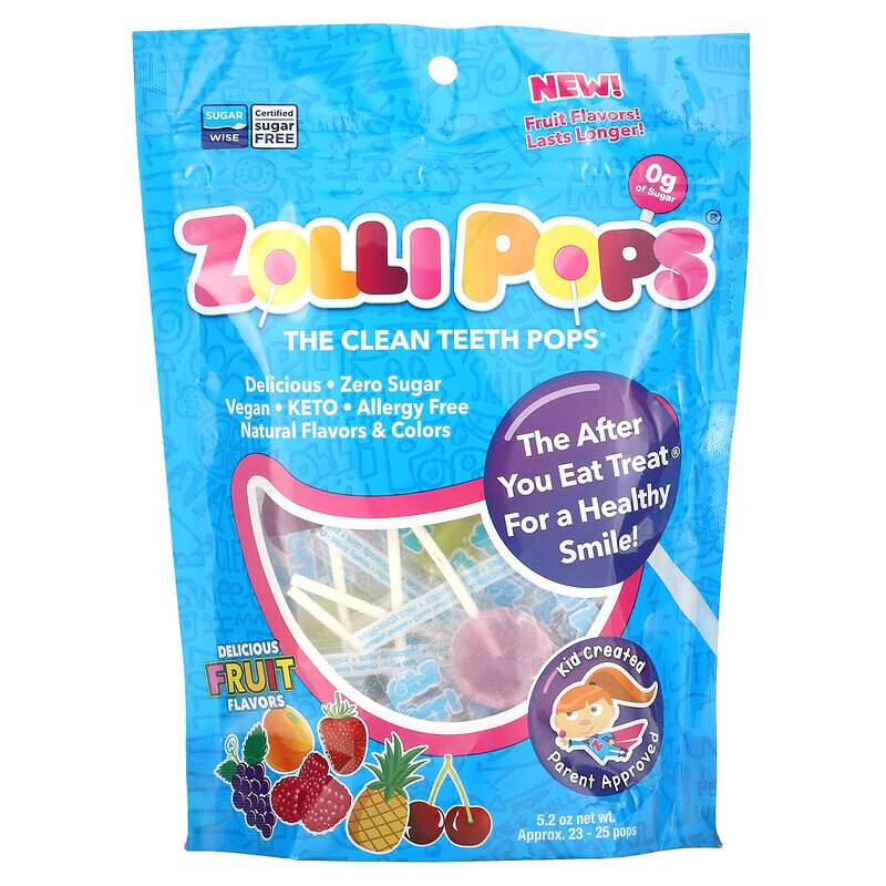 

Zollipops, The Clean Teeth Pops, леденцы для чистки зубов, клубника, апельсин, малина, вишня, виноград, ананас, прибл. 23–25 леденцов ZolliPops, 147 г (5,2 унции)