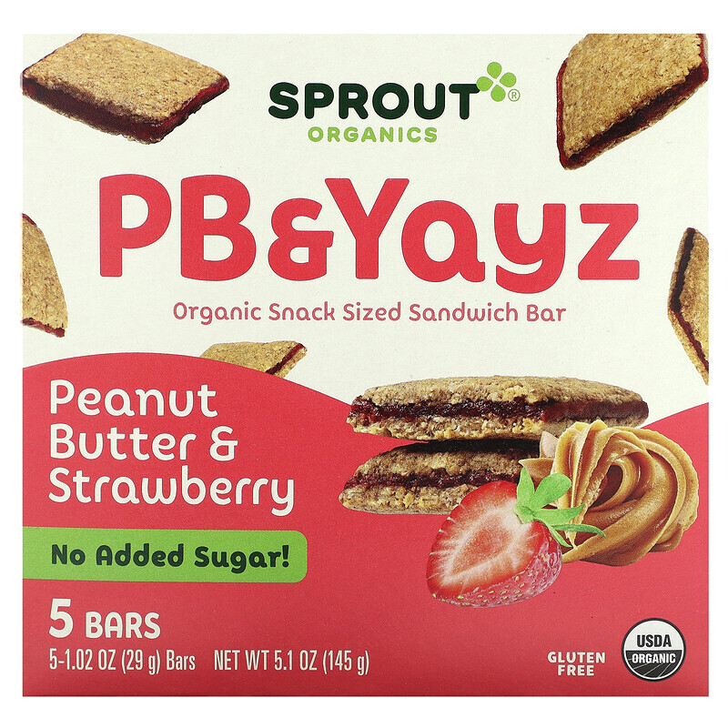 

Sprout Organics, PB & Yayz, органический сэндвич-батончик для снеков, с арахисовым маслом и клубникой, 5 батончиков, 29 г (1,02 унции)