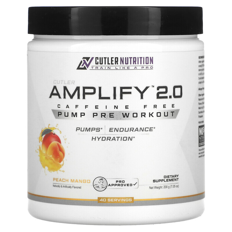 

Cutler Nutrition, Amplify 2.0, накачка перед тренировкой, без кофеина, персик и манго, 200 г (7,05 унции)