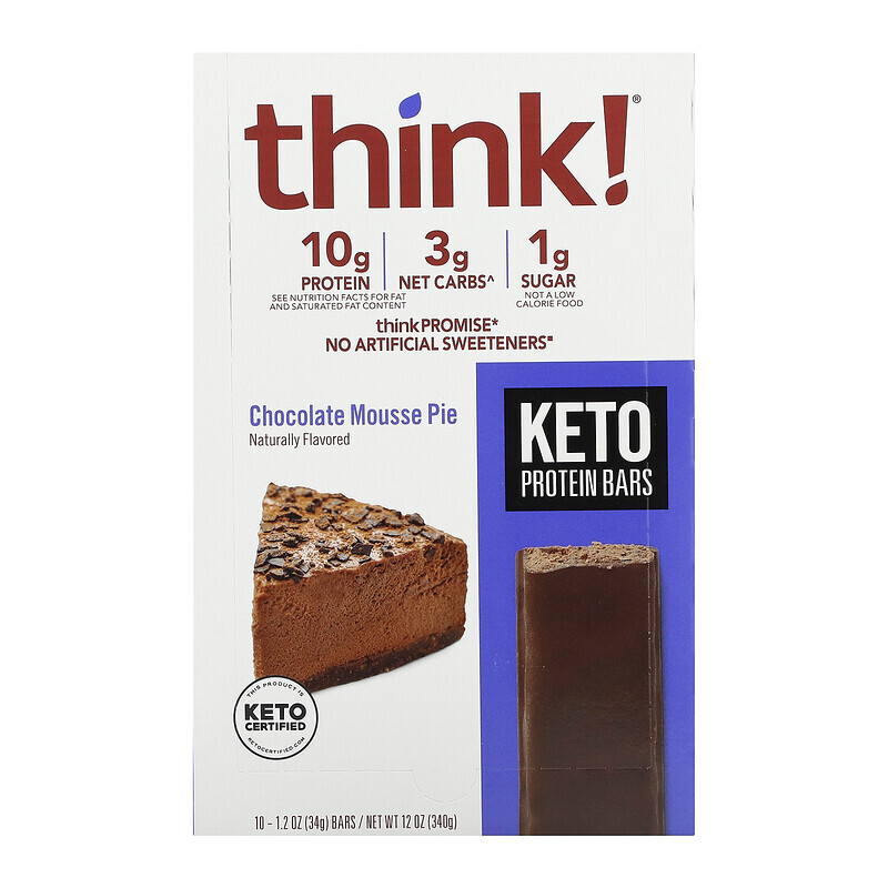 

Think !, Keto Protein Bars, шоколадный муссовый пирог, 10 батончиков по 34 г (1,2 унции)