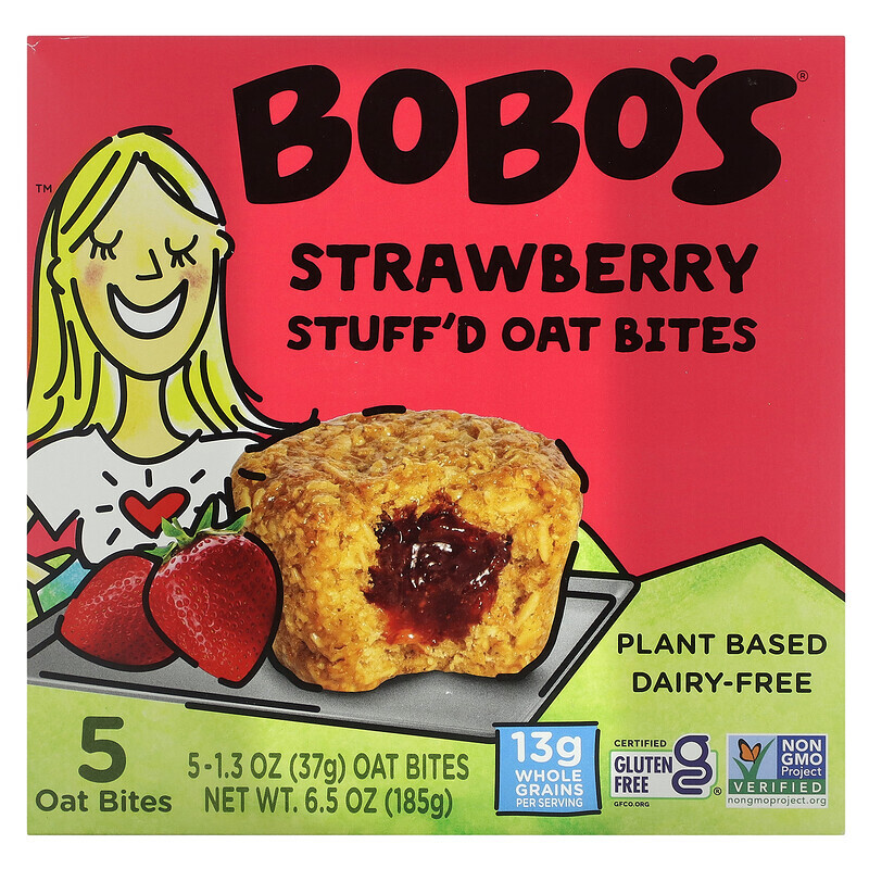 

Bobo's Oat Bars, Овсяные кусочки с начинкой, клубника, 5 кусочков, по 37 г (1,3 унции)