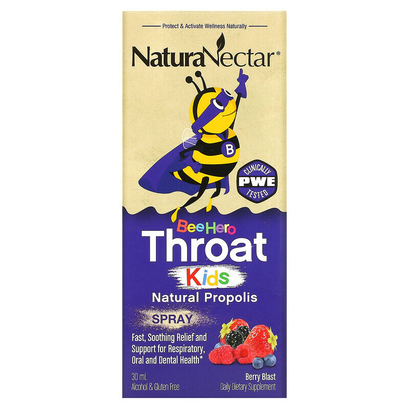 

NaturaNectar, Bee Hero Throat Kids, Натуральный спрей с прополисом, Berry Blast, 30 мл