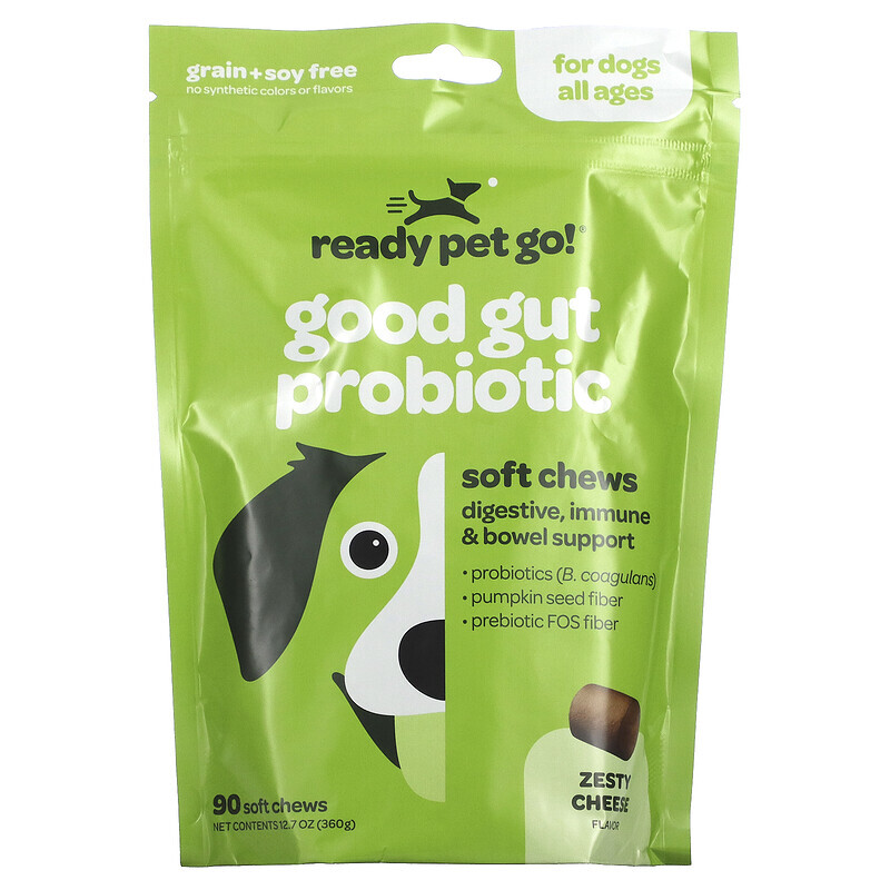 Ready Pet Go, пробиотические лакомства для животика, пищеварительные лакомства для собак всех возрастов, вкус сыра, 90 мягких жевательных конфет