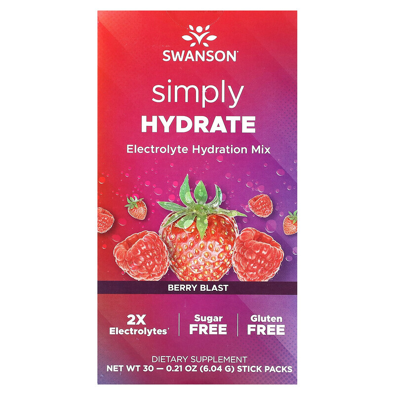 

Swanson, Simply Hydrate, Electrolyte Hydration Mix, Berry Blast, 30 Stick Packs, 0.21 oz (6.04 g) Each