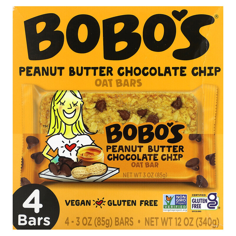 

Bobo's Oat Bars, Peanut Butter Chocolate Chip Oat Bars, 4 Bars, 3 oz (85 g) Each