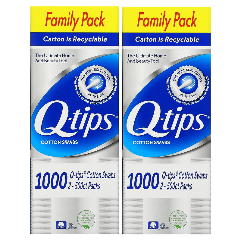 Q-tips, Ватные палочки, семейная упаковка, 2 шт., По 500 тампонов