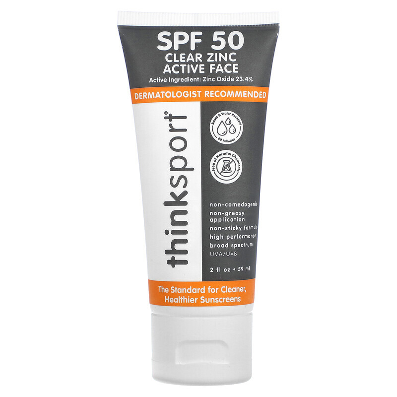 

think, Thinksport, Clear Zinc Active Face, SPF 50, 2 fl oz (59 ml)