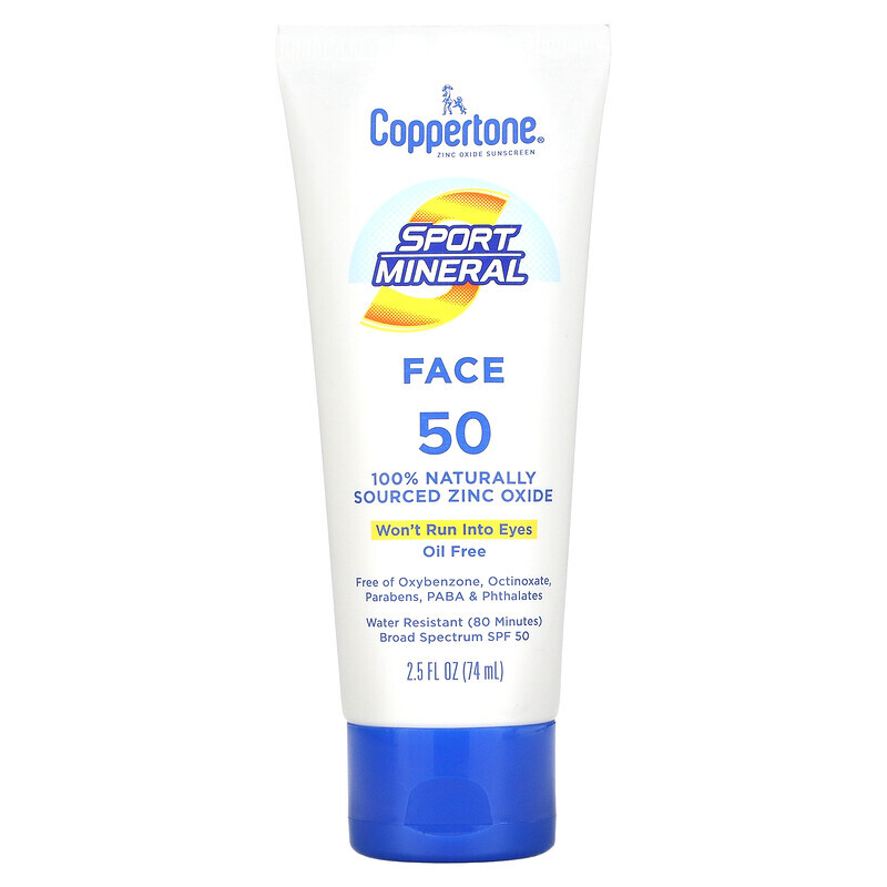 

Coppertone, Sport Mineral, солнцезащитный лосьон, для лица, SPF 50, нежирный, 74 мл (2,5 жидк. унции)