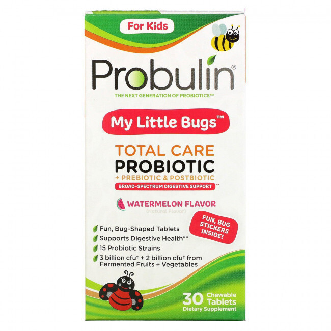 

Probulin, для детей, My Little Bugs, пробиотик Total Care + пребиотик и постбиотик, арбуз, 30 жевательных таблеток