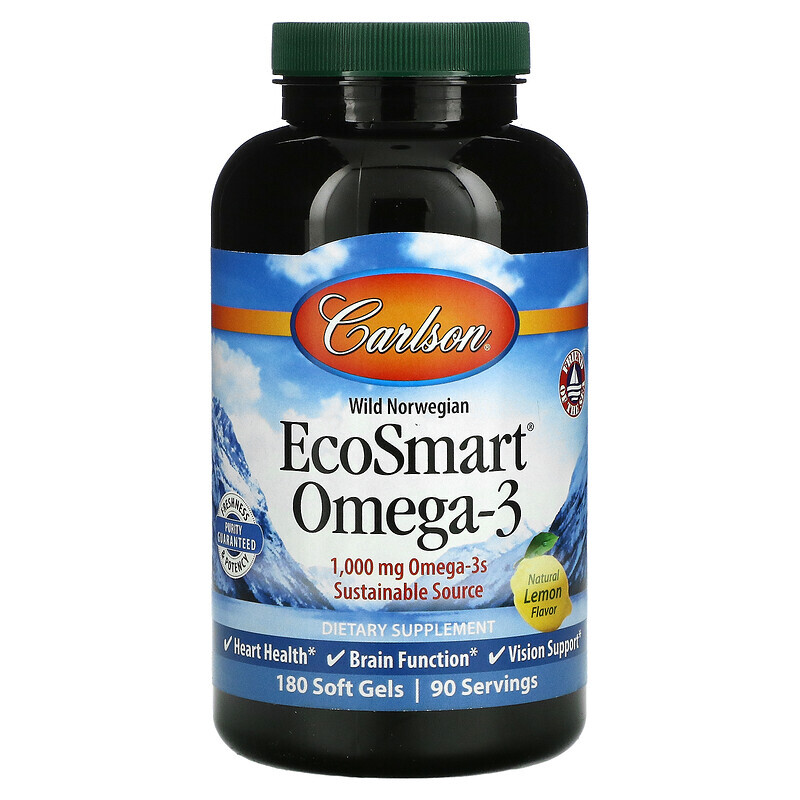 

Carlson, EcoSmart Omega-3, натуральный ароматизатор «Лимон», 500 мг, 180 мягких таблеток