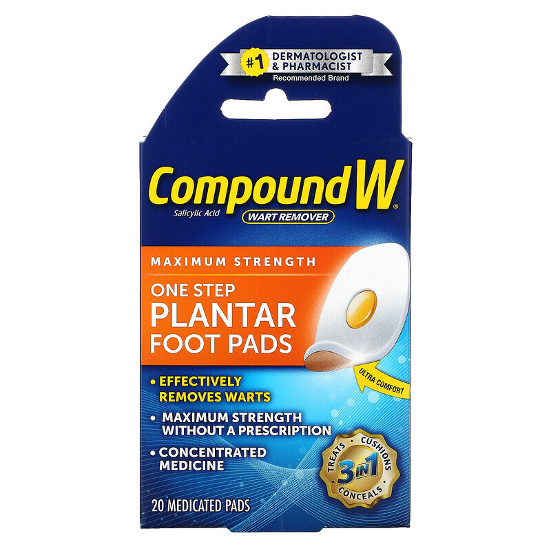 

Compound W, Средство для удаления бородавок, One Step Plantar Foot Pads, максимальная сила действия, 20 лечебных подушечек