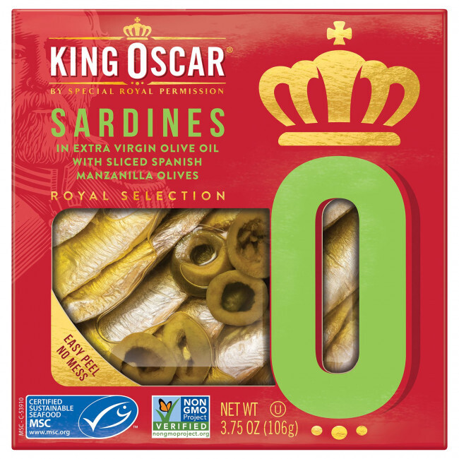 King Oscar, Сардины в оливковом масле первого отжима с нарезанными испанскими оливками мансанилья, 106 г (3,75 унции)