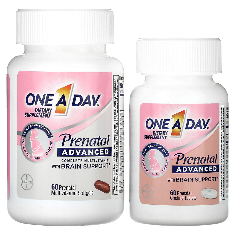One-A-Day, Prenatal Advanced, полноценный мультивитаминный комплекс для поддержки мозга, 60 пренатальных мультивитаминных мягких таблеток и 60 пренатальных таблеток с холином