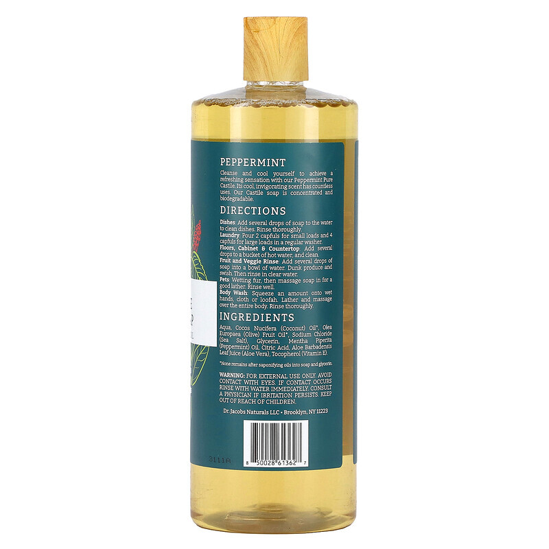 Dr. Jacobs Naturals, Чистое кастильское универсальное мыло на растительной основе, эфирное масло перечной мяты, 946 мл (32 унции)