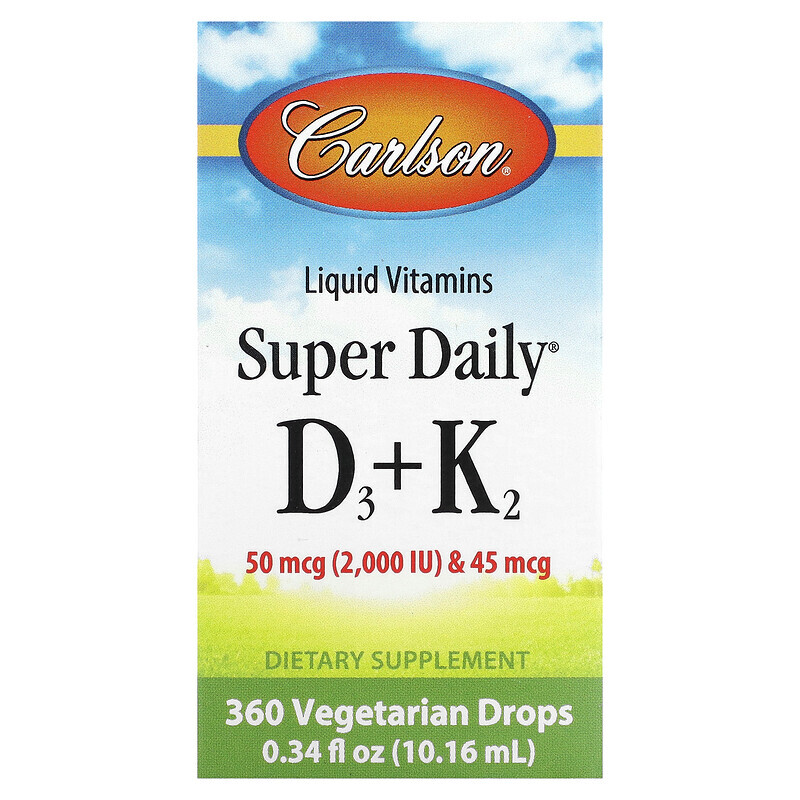 

Carlson, Super Daily, витамины D3 + K2 в жидкой форме, 10,16 мл (0,34 жидк. унции)