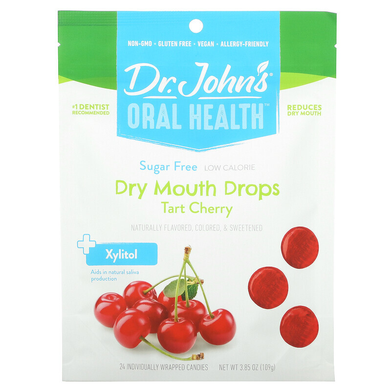 

Dr. John's Healthy Sweets, Oral Health, капли для сухости во рту, с ксилитом, вишня, без сахара, 24 конфеты в индивидуальной упаковке, 109 г (3,85 унции)