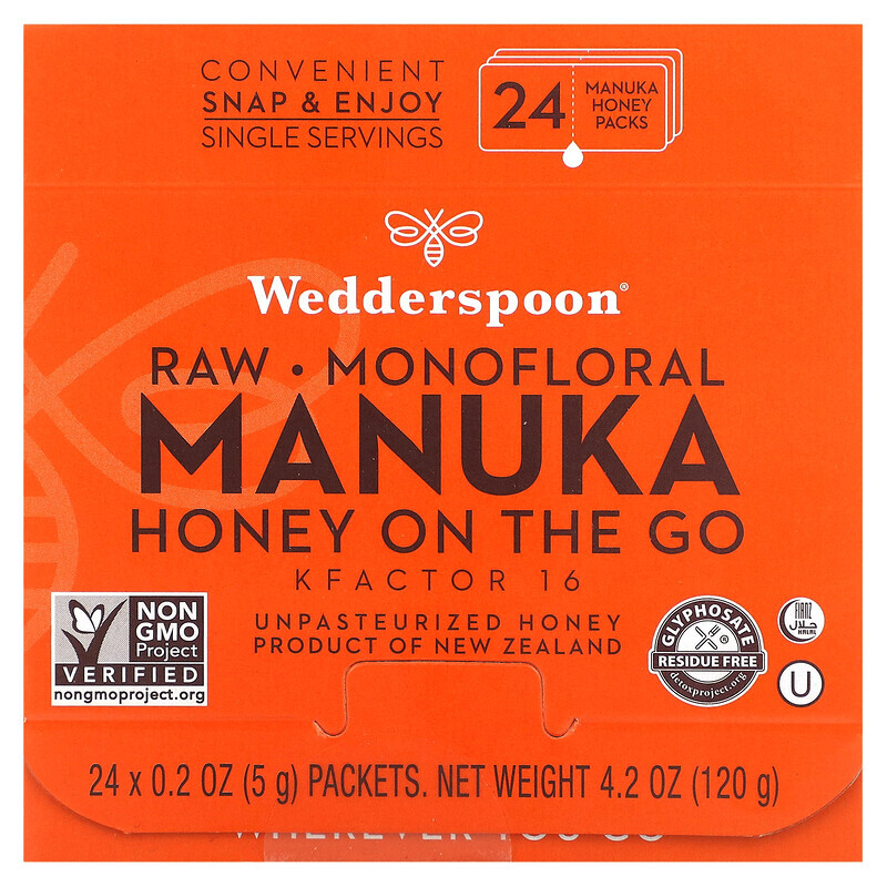 

Wedderspoon, Необработанный монофлорный мед манука на ходу, KFactor 16, 24 пакетика, 5 г (0,2 унции)