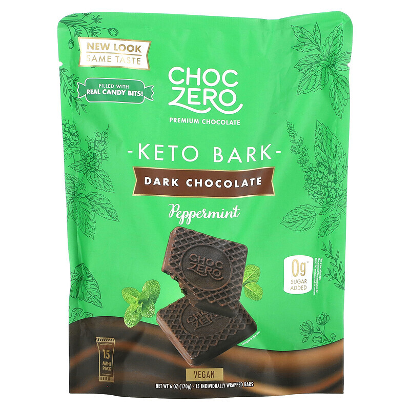 

ChocZero, Keto Bark, темный шоколад, перечная мята, 6 батончиков по 1 унции