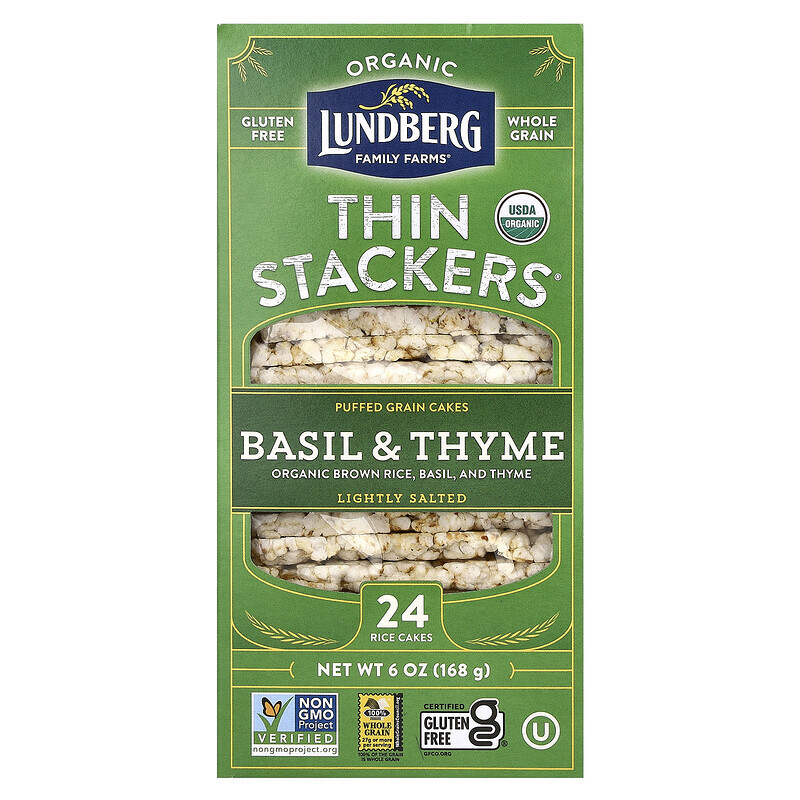 Lundberg, Organic Thin Stackers, воздушные зерновые пироги, базилик и чабрец, слабосоленые, 24 рисовых пирога, 168 г (6 унций)
