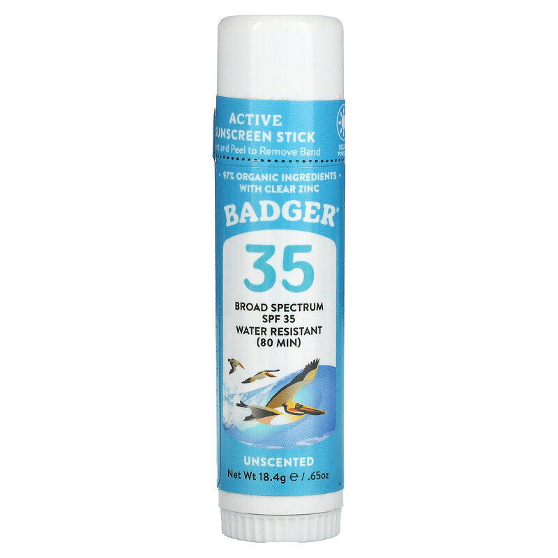 

Badger Company, стик для лица, натуральное минеральное солнцезащитное средство, SPF 35, без запаха, 18,4 г (0,65 унции)