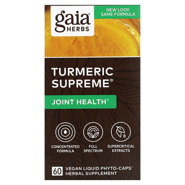 

Gaia Herbs, Turmeric Supreme, для суставов, 60 веганских капсул с жидкостью Phyto-Caps