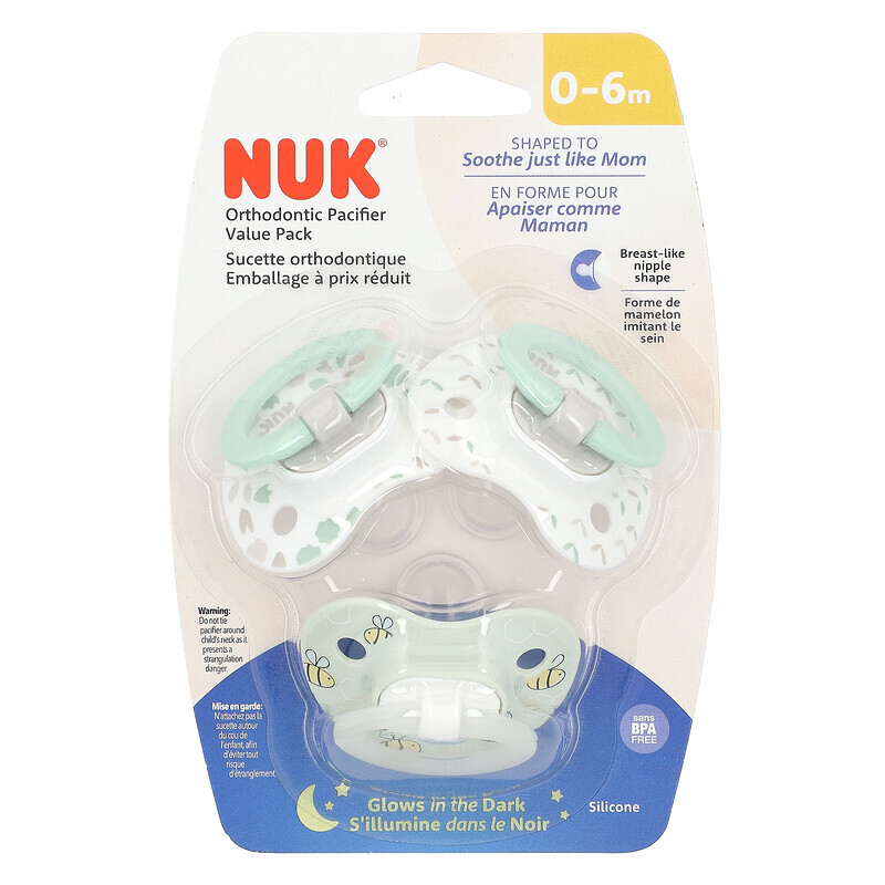 

NUK, Glow in the Dark Kieferorthopädische Schnuller, 0–6 Monate, Grün, 3er-Set im Vorteilspack