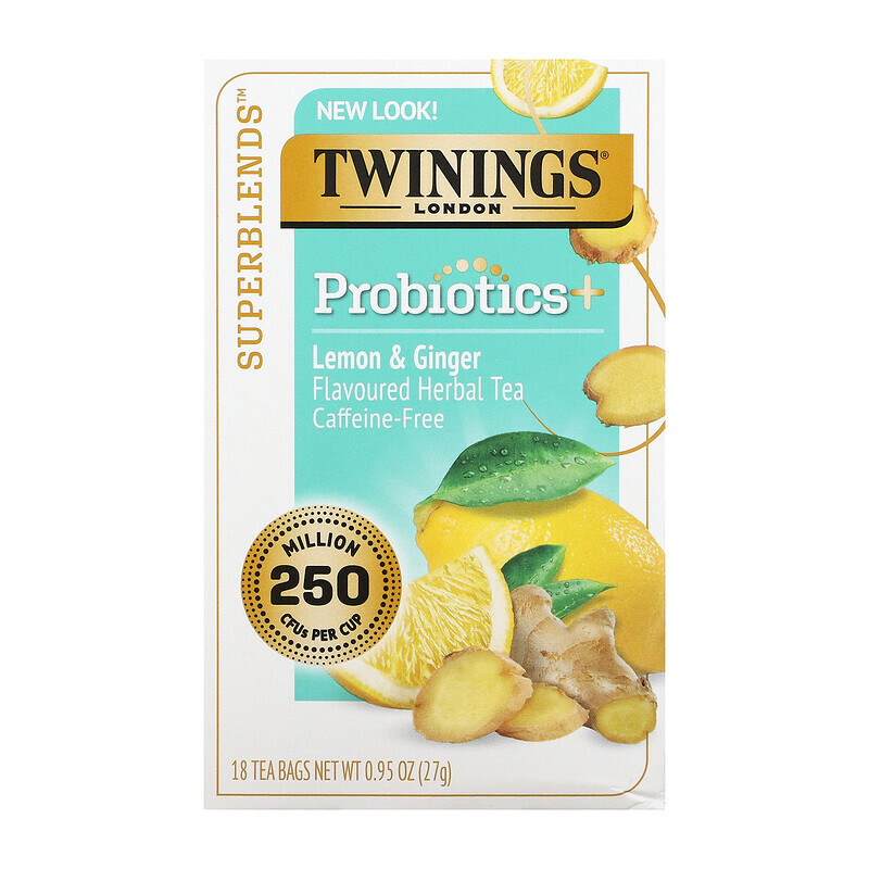 

Twinings, Травяной чай со вкусом пробиотиков, лимон и имбирь, без кофеина, 18 чайных пакетиков, 0,95 унции (27 г)