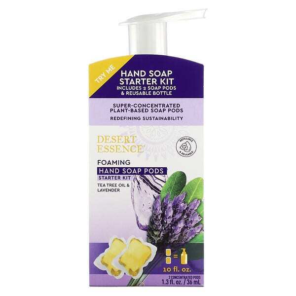 

Desert Essence, Foaming Hand Soap Pods Starter Kit, Tea Tree Oil & Lavender, 2 Concentrated Pods, 1.3 fl oz (36 ml) + 1 Bottle, 10 fl oz (300 ml)