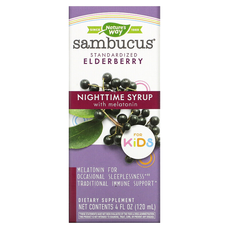 

Nature's Way, Sambucus for Kids, стандартизованный сироп для улучшения ночного сна из ягод бузины с мелатонином для детей, 120 мл (4 жидк. унции)