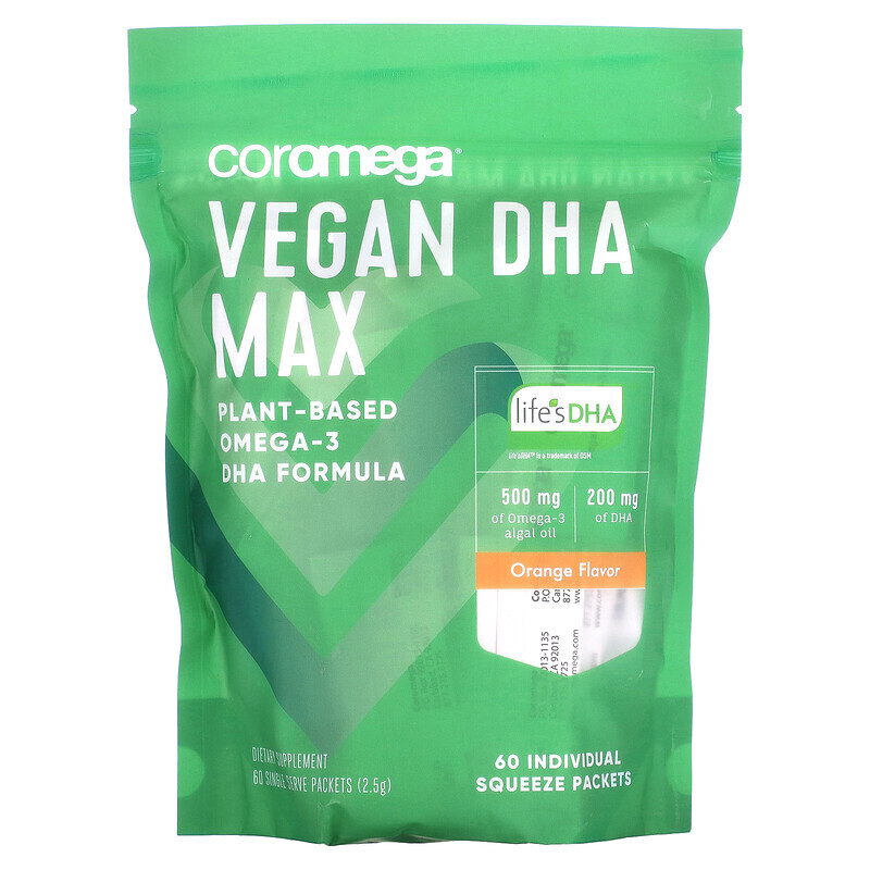 

Coromega, Vegan DHA Max, апельсин, 60 индивидуальных пакетиков по 2,5 г