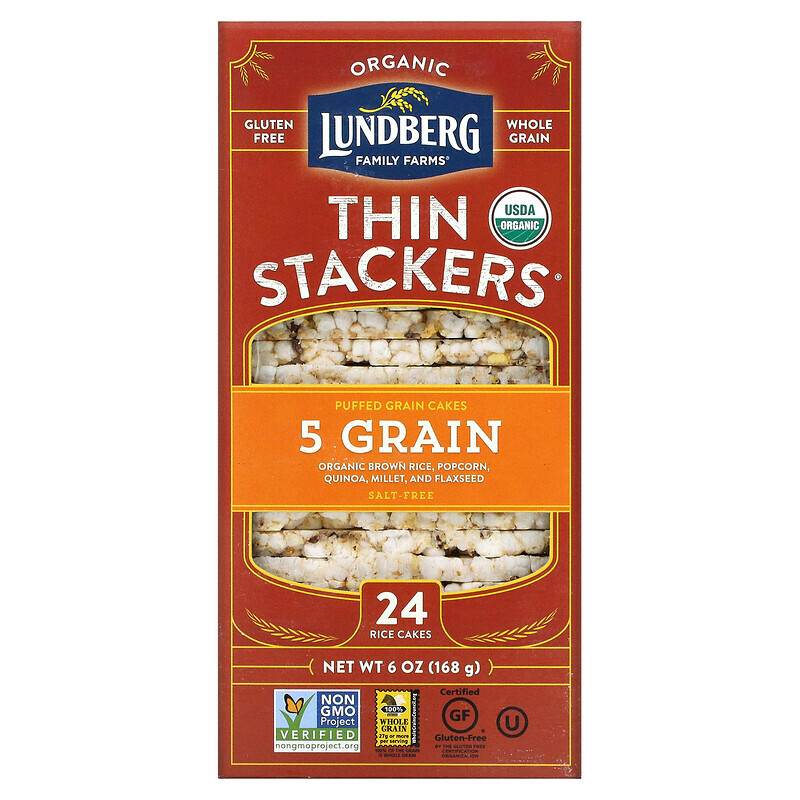 Lundberg, Organic Thin Stackers, воздушные пироги, 5 злаков, без соли, 24 рисовых пирога, 168 г (6 унций)