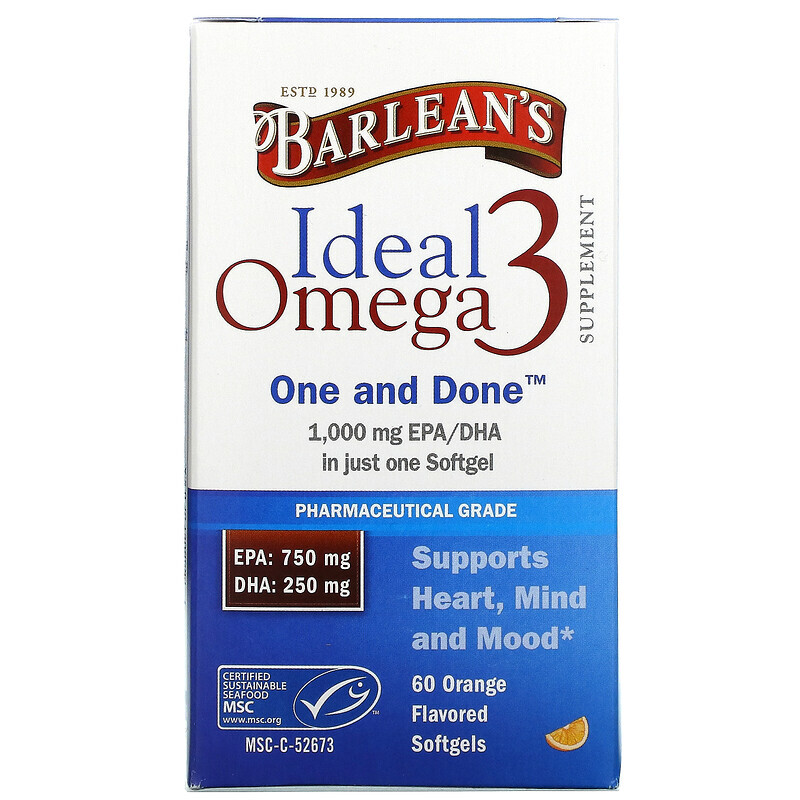 

Barlean's, Ideal Omega 3, апельсин, 1000 мг EPA / DHA, 60 мягких таблеток