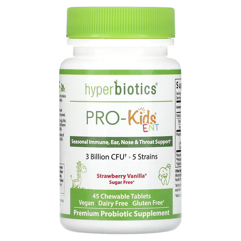 

Hyperbiotics, PRO-Kids ENT, пробиотики для детей, без сахара, с клубничным и ванильным вкусом, 45 запатентованных жевательных таблеток LiveBac