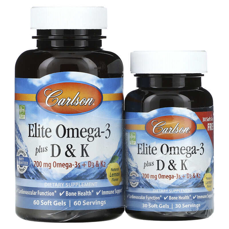 

Carlson, Elite Omega-3 с витаминами D и K, натуральный лимонный вкус, 60 (+ 30 бонусных) мягких капсул