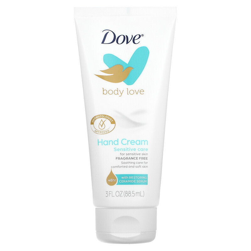 

Dove, Body Love, крем для рук, для чувствительной кожи, без отдушек, 88,5 мл (3 жидк. Унции)