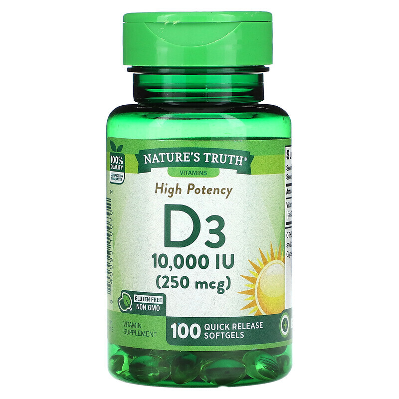 

Nature's Truth, Vitamin D3, High Potency, 250 mcg (10,000 IU), 100 Quick Release Softgels