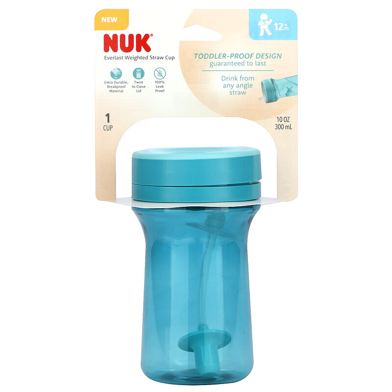 

NUK, Everlast Weighted Straw Cup, для детей от 12 месяцев, бирюзовый, 300 мл (10 унций)