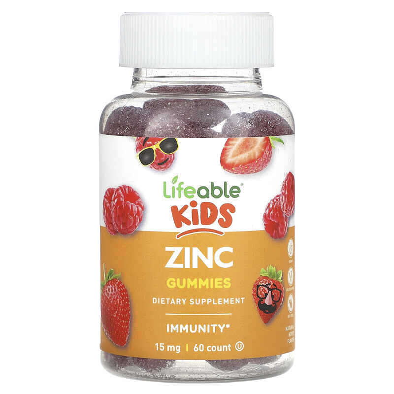 Lifeable, Детские жевательные мармеладки с цинком, натуральные ягоды, 15 мг, 60 жевательных таблеток