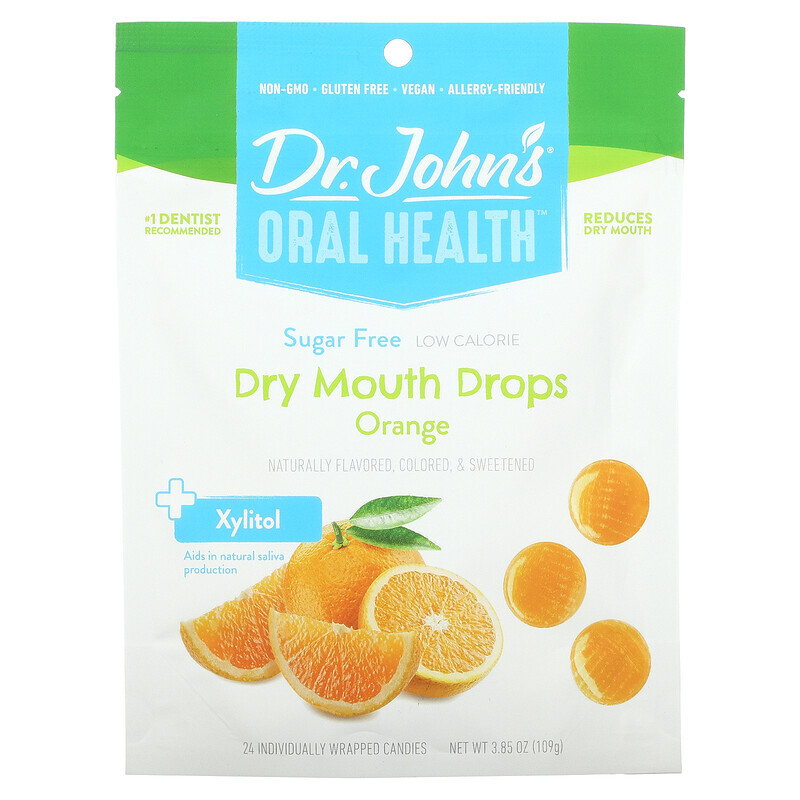 

Dr. John's Healthy Sweets, Здоровье полости рта, капли от сухости во рту, + ксилитол, апельсин, без сахара, 24 конфеты в индивидуальной упаковке. 109 г (3,85 унции)