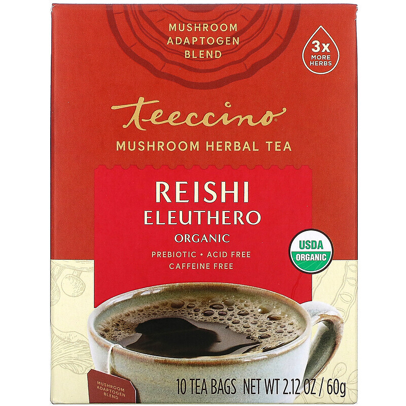 

Teeccino, Mushroom Herbal Tea, Organic Reishi Eleuthero, French Roast, Caffeine Free, 10 Tea Bags, 2.12 oz (60 g)