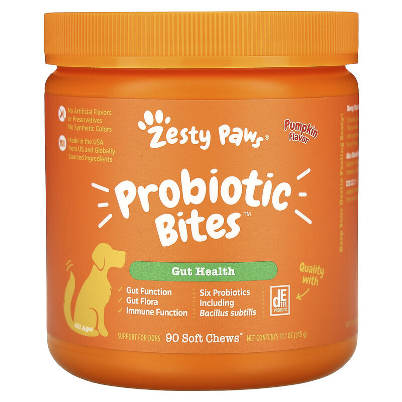 Zesty Paws, Probiotic Bites, добавка для собак с пробиотиками, для пищеварения, для любого возраста, со вкусом тыквы, 90 мягких жевательных таблеток