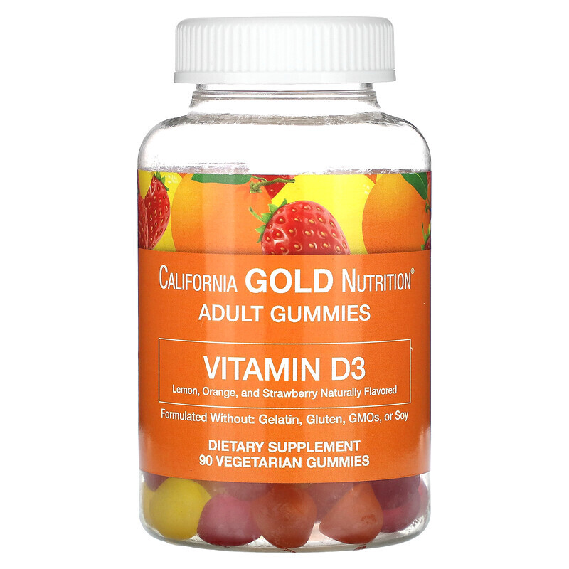 

California Gold Nutrition, жевательный витамин D3, без желатина и глютена, со вкусом фруктов и ягод, 25 мкг (1000 МЕ), 90 жевательных таблеток