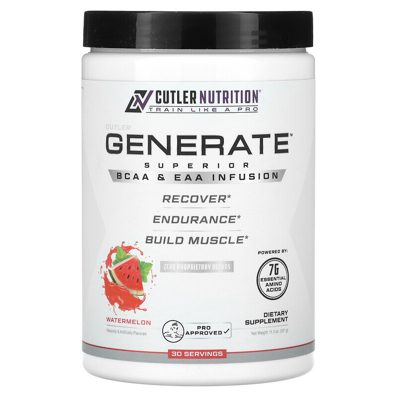 

Cutler Nutrition, Generate, превосходный настой BCAA и EAA, арбуз, 321 г (11,3 унции)