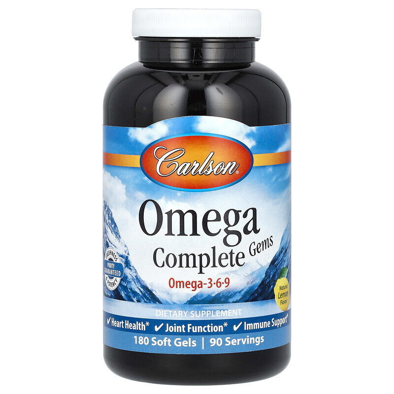 Carlson, Omega Complete Gems, омега-3-6-9, натуральный лимон, 180 мягких таблеток
